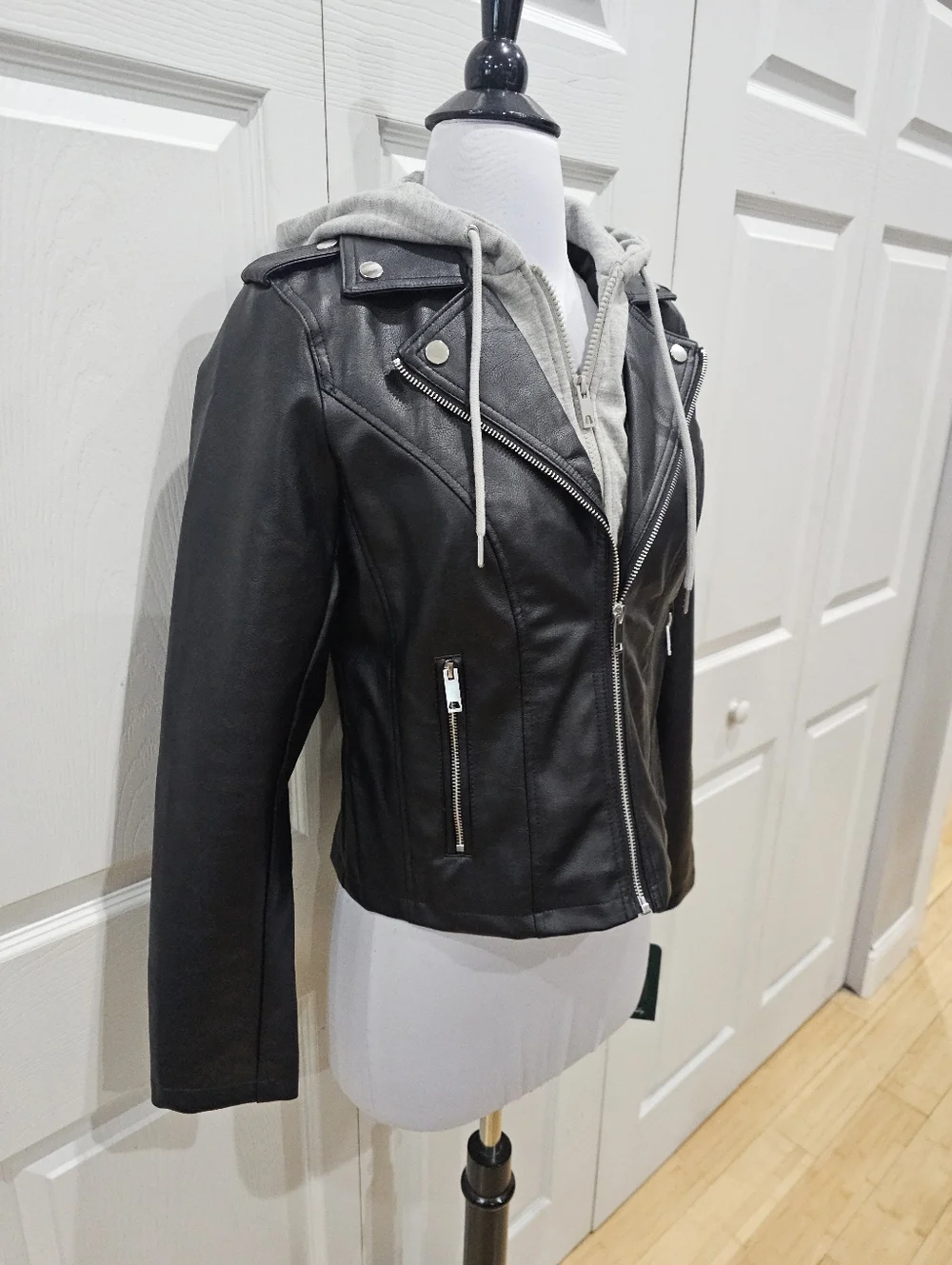 Women's Sebby Punk Biker Moto Black Faux Leather Gray Hoodie Zip Jacket Coat S - Picture 3 of 9
